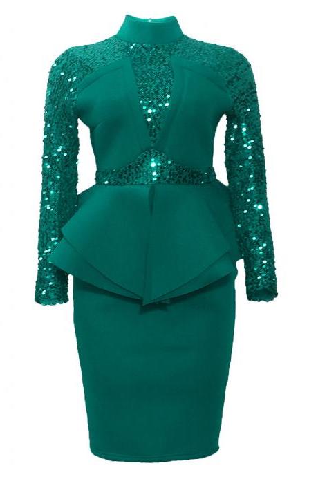 Women Sequin Dress Patchwork Long Sleeve Ruffles Slim Bodycon Evening Club Party Dress 