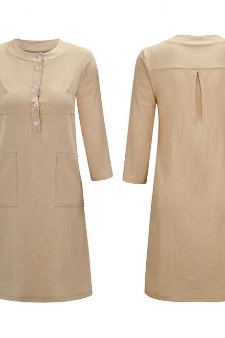 Autumn Elegant Casaul Women Dress Cotton Linen Midi Plus Size Solid Party Clothing