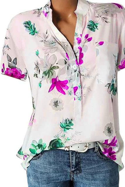 women New blouse shirt large size casual V-neck short sleeve print flower shirt 