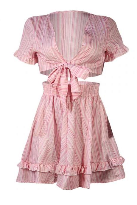 Women Summer Beach Dress Striped Short Sleeve Cut Out Tie Up V-neck Bohemian Fit Flare Sexy Dresses 
