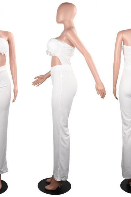 Women Wide Leg Jumpsuit Lace Strapless Back Zipper Casual Club Party Romper Overalls 