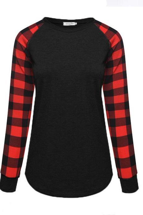Plus Size Women T-Shirt Plaid Raglan Long Sleeve Patchwork O-Neck Baseball Tops Pullover black+red