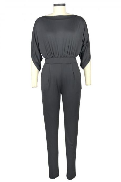 Women Jumpsuit Casual Solid Office 3/4 Sleeve Belted Streetwear Female Long Rompers Overalls 