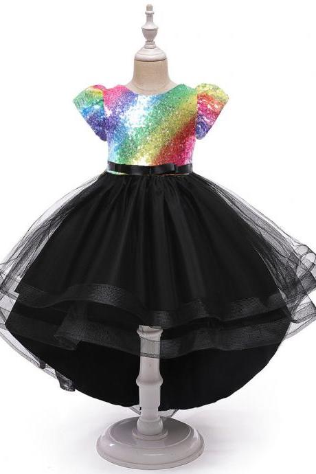 Girls Dress Dance Performance Costume Rainbow Sequined Gauze Colorful Tutu Skirt Children Tail Dress