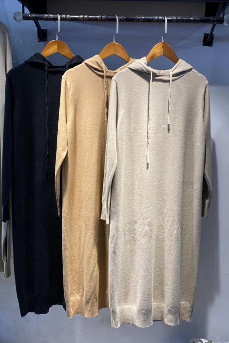 women autumn casual Simple loose thin knit dress mid-length, small over-the-knee hooded sweater dress