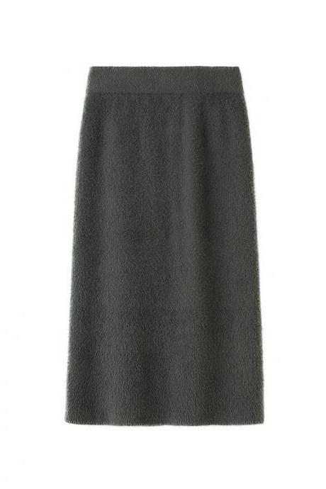 Women Autumn Winter Skirts Back Split Hip High Waist Solid Mid-length Skirt