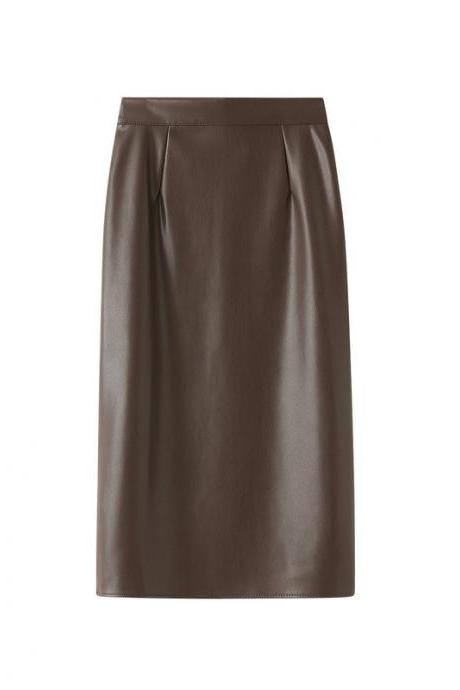  women Leather skirt new autumn wear high waist solid split pu bag hip all-match Mid-length skirt 