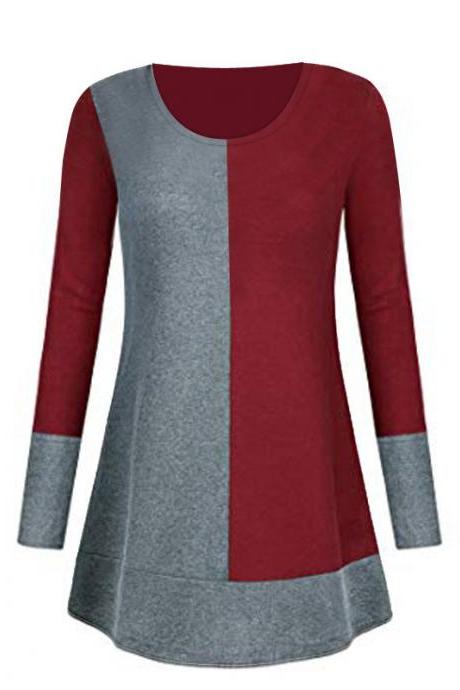 women Round neck stitching contrast T-shirt long sleeve top 