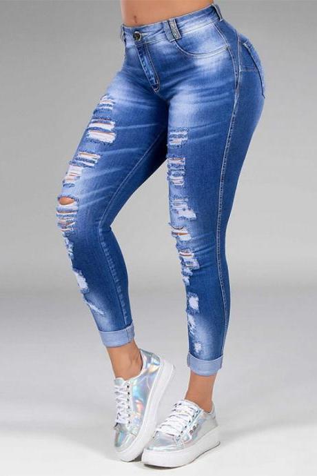  Women high waist denim casual pencil pants hot sale retro ripped holes ladies hip hop jeans slim trousers