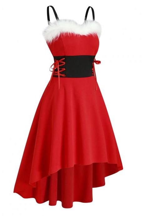 2020 Christmas Dress Women Off Shoulder Autumn Fashion Dresses Faux-fur Lace Up Asymmetrical High Low Midi Dress