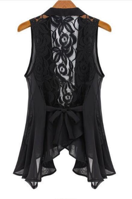 Women Fashion Wardrobe Waistcoat Slim Chiffon Vest Lace Decoration Vests Female Sleeveless Waistcoat Office Lady Pocket Coat
