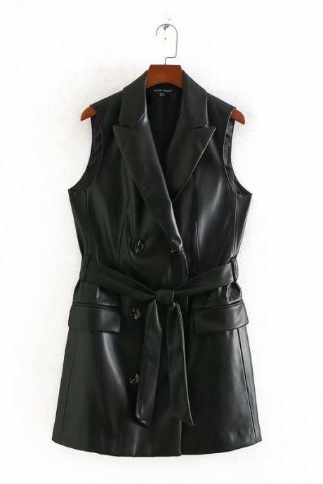  women PU leather mini dress bow tie sashes pockets sleeveless chic female basic fashion black dresses vestidos