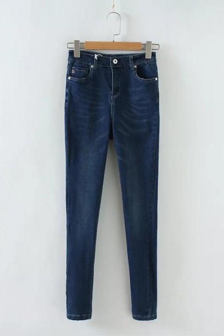 women Super high stretch mid-high waist denim pants zipper Buttons pocket jeans trousers