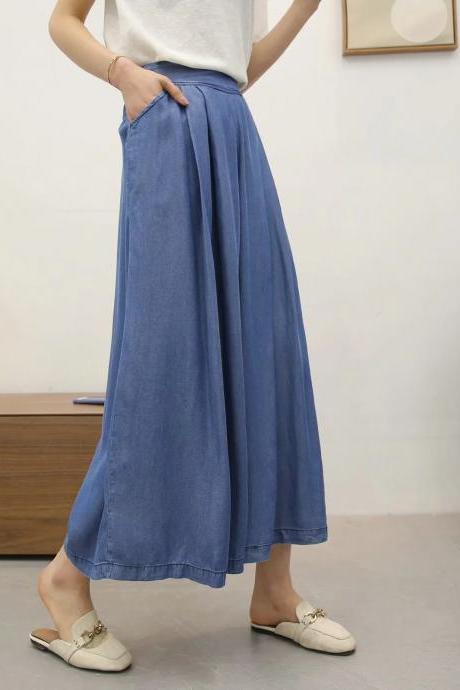New Women Summer Casual Blue Tencel Denim Pants Lady Streetwear Long Elastic Waist Wide-Leg Hakama Jeans Culottes