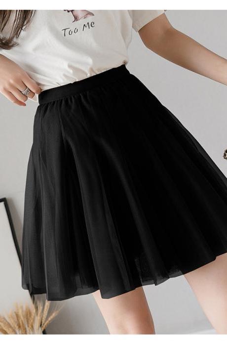 Girly Tutu Skirts Women Sexy Mini Spring Summer Pleated Solid Mesh High Elastic Waist Skater Skirt 