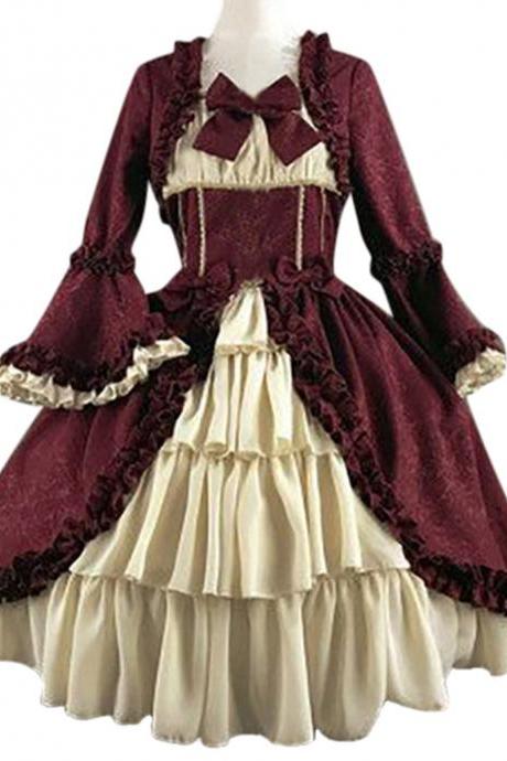 Women Retro Gothiced Court Dress Royal Lady Ball Dress Square Neck Tight Waist Bowknot Women Elegant Costume