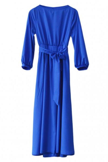 Women Summer Party Dress Casual Party Dress Lantern Sleeve Solid Long Maxi Dresses With Belt