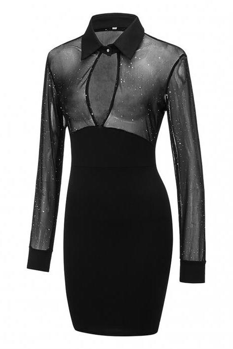 New Fashion Woman Mesh Black Dress Autumn And Winter Dress Long Sleeve Party dress