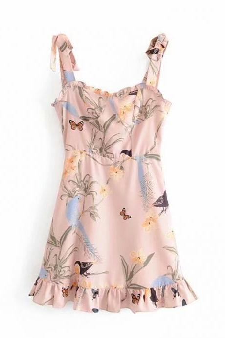Women Clothing 2021 Summer Bow Tie Shoulder Vintage Print Ruffle Dress Lady Sleeveless Boho Beach A-Line Mini Dress 