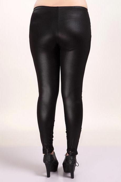 Women Faux Leather Pants High Elastic Waist Leggings Casaul Slim Skinny Femme Black Plus Size Leggins
