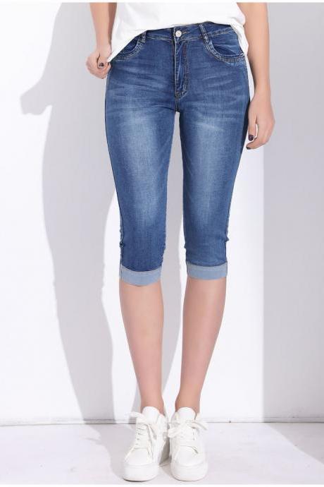  Women With High Waist Summer Plus Size Skinny Capris Jeans Female Stretch Knee Length Denim Shorts Pants