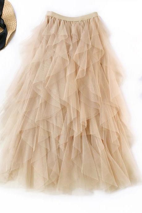 2021 Summer Women Skirt, Women Boho Long Skirt, High Waist Ruffles Women Skirt, Women Beach Skirt, Femme Tulle Midi Skirt