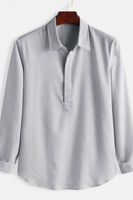 2021 Spring Autumn Men Shirt Slim-fit Cotton Linen Striped Printed Casual Long-sleeved Shirt