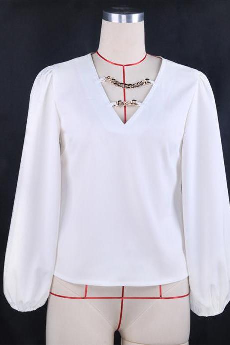 Spring 2021 Fashion Women Blouses Sexy V-neck Chain Lantern Sleeve Pullover Top Ladies Casual Solid All-match Loose Shirts