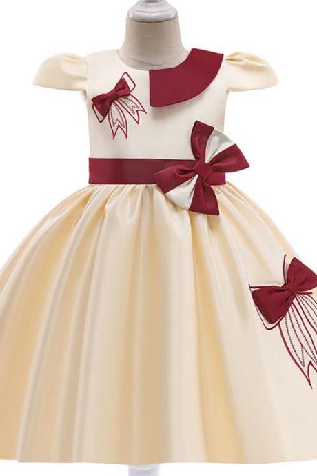 A-Line O Neck Girls Summer Flower Dresses satin Short Sleeves Princess Children Clothing Kids Birthday Party Dress