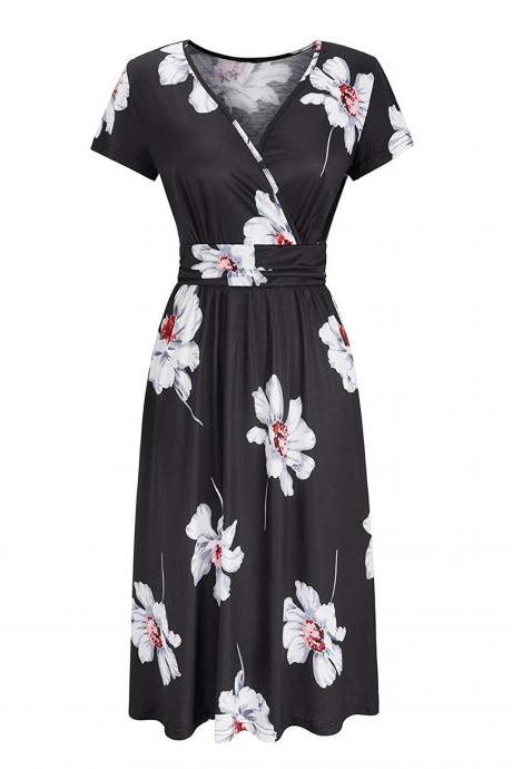 Women Casual V-Neck Short Sleeve Summer Flower Print Knee-Length Dress Sundrss Boho Vintage Beach Dress