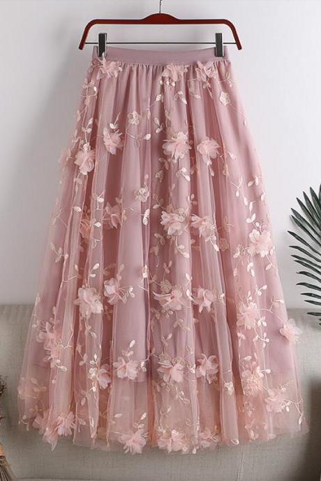 Early Spring High-waisted Thin Double-layer Mesh Large Hem Three-dimensional Embroidery Flower Mid-length Female Skirt