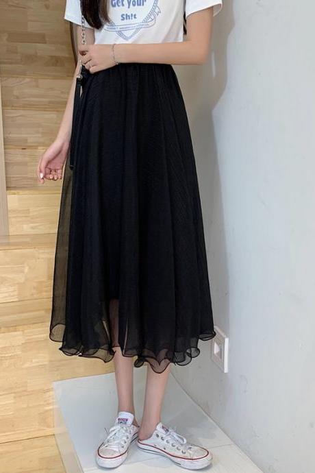 New 2021 Spring Summer Skirts Womens Mesh Tulle Korean Elastic High Waist Midi Long Pleated Skirt