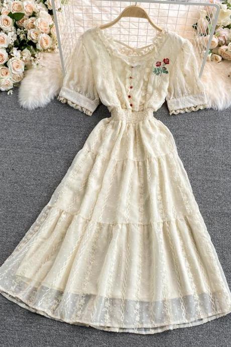 women dress 2021 French Retro Rose Embroidered short sleeve Sweet Temperament Bellflower along Dress
