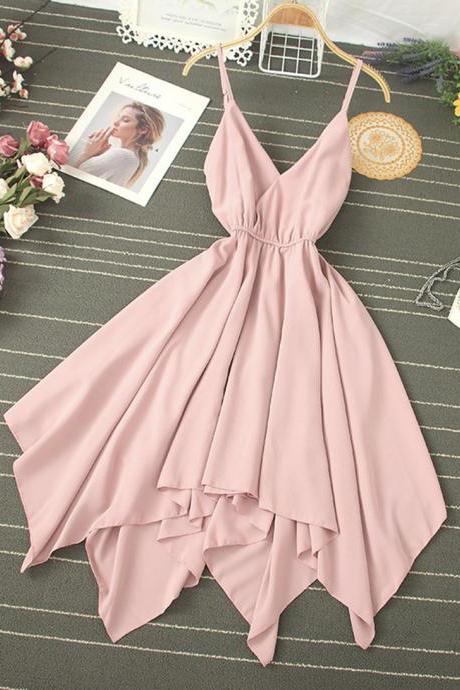 Seaside vacation sexy V-neck halter suspender skirt super fairy goddess temperament elastic waist irregular dress