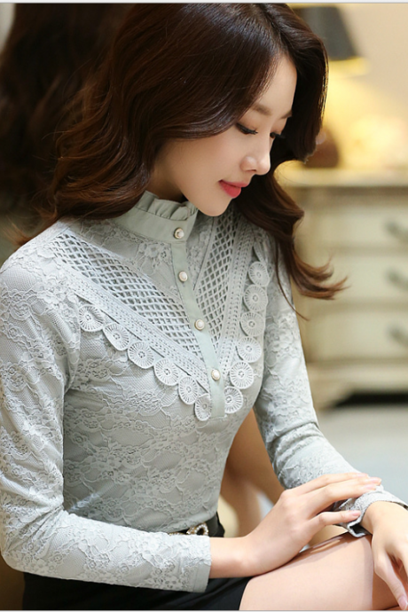Women Blouse Lace St Collar Lace Shirt solid Long Sleeve Winter Clothes Blouse tops
