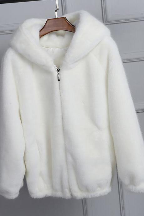 Pure Hooded Faux Fur Coat Women&amp;#039;s Autumn Winter Thick Warm Soft Fluffy Zipper Jacket Casual Loose Outerwear