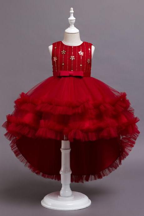  2021 spring new red little tailed Princess Dress Beautiful sequined flower girls' Prom Dress child stage Performance Costume