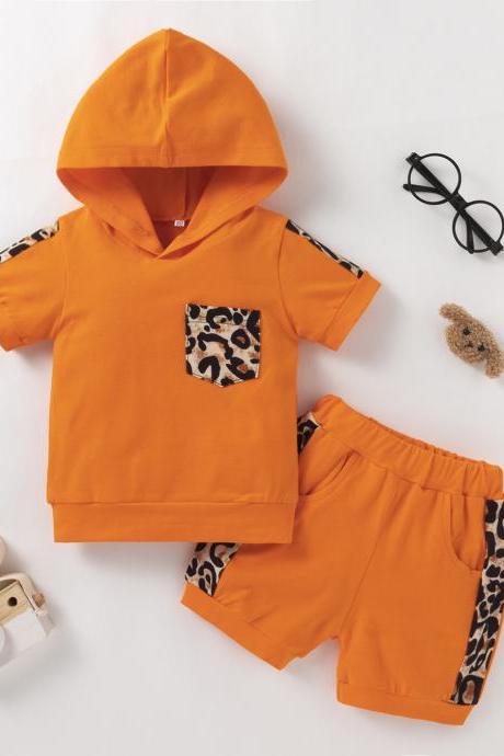 Summer baby boy leopard pattern stitching hooded orange children suit