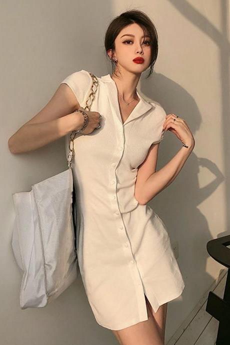 Women Polo Collar Knitted Dress Tight-fitting Thin Bag Hip Short Female Summer 2021 Long-sleeved Mini Dress