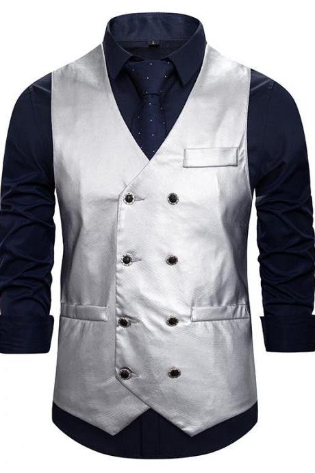Men Waistcoat Nightclub Master Shiny Fashion Dynamic Solid Double-breasted Vest