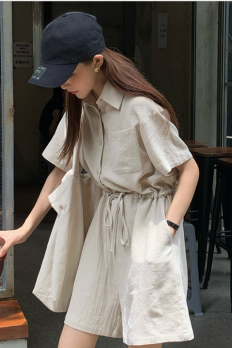 Women Cotton linen tooling jumpsuit female summer students all-match fashion foreign style wide-leg loose shorts