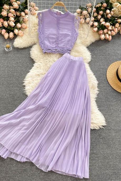  Seaside holiday suit 2021 new women lace blouse high waist and thin pleated chiffon skirt two-piece suit