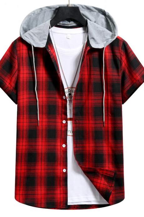New product hooded short sleeve men shirt color matching casual plaid shirt top 