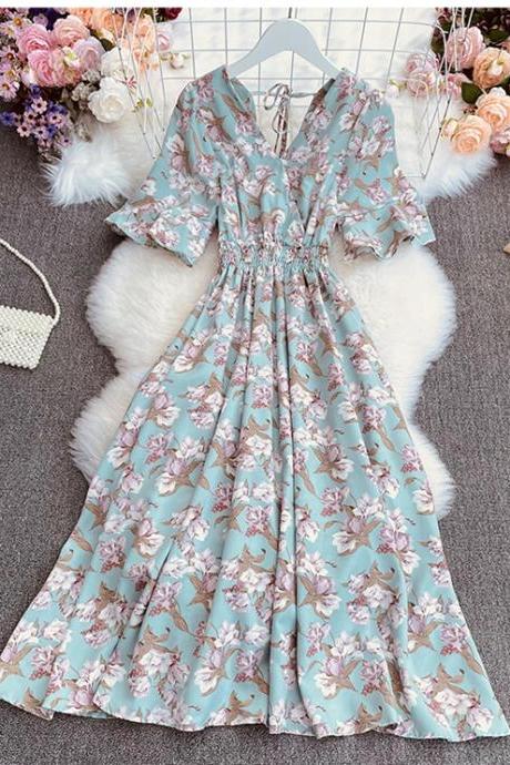 French Floral Print Dress Korean V Neck Vintage Elastic Waist Slim Mid-calf Dress Women Boho Vacation Holiday Dresses 