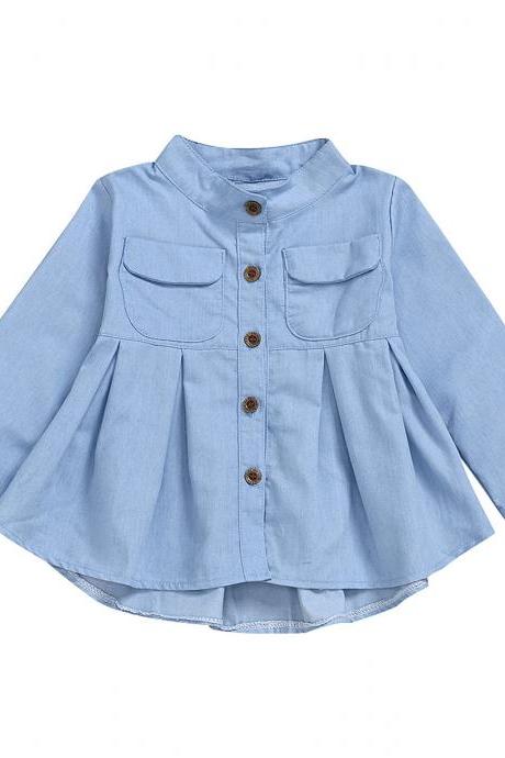  Autumn girls' long-sleeved shirts, children's baby skirts, children's stand-up collar cotton denim shirts, spring and autumn clothes