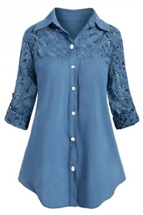 Women Blouse Large Size Button Lace Turn Down Collar Long Sleeve Lady Fashion Stitching Shirt