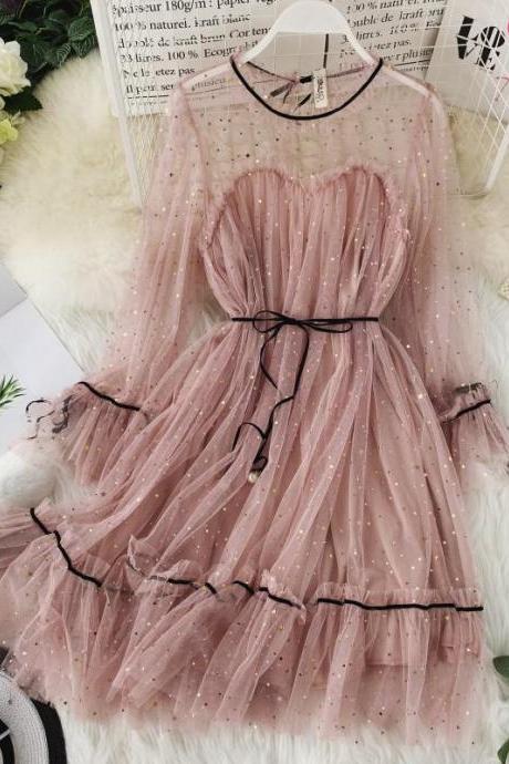 Women Prom Star Shiny Sequins Gauze Dresses Flare Sleeve Lace-up Princess Female Elegant Chrismas Mesh Puff dresses