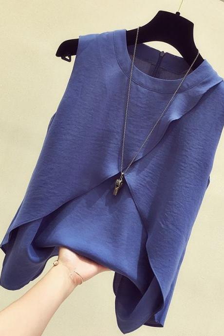 Asymmetrical Chiffon Women Blouse Summer 2021 Solid Sleeveless Slim Elegant Office Lady Pulls Outwear Tops