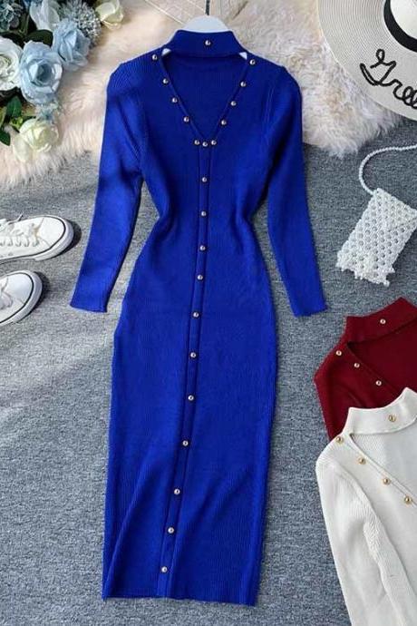 Knitted Sweater Midi Long Dress Party Women Elegant 2021 Vintage Slim Knit Halter Neck Hollow Out Autumn Winter Bodycon dress