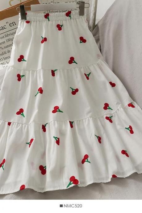 women Sweet wind strawberry embroidery stitching mid-length skirt female 2021 new elastic waist thin A-line large skirt
